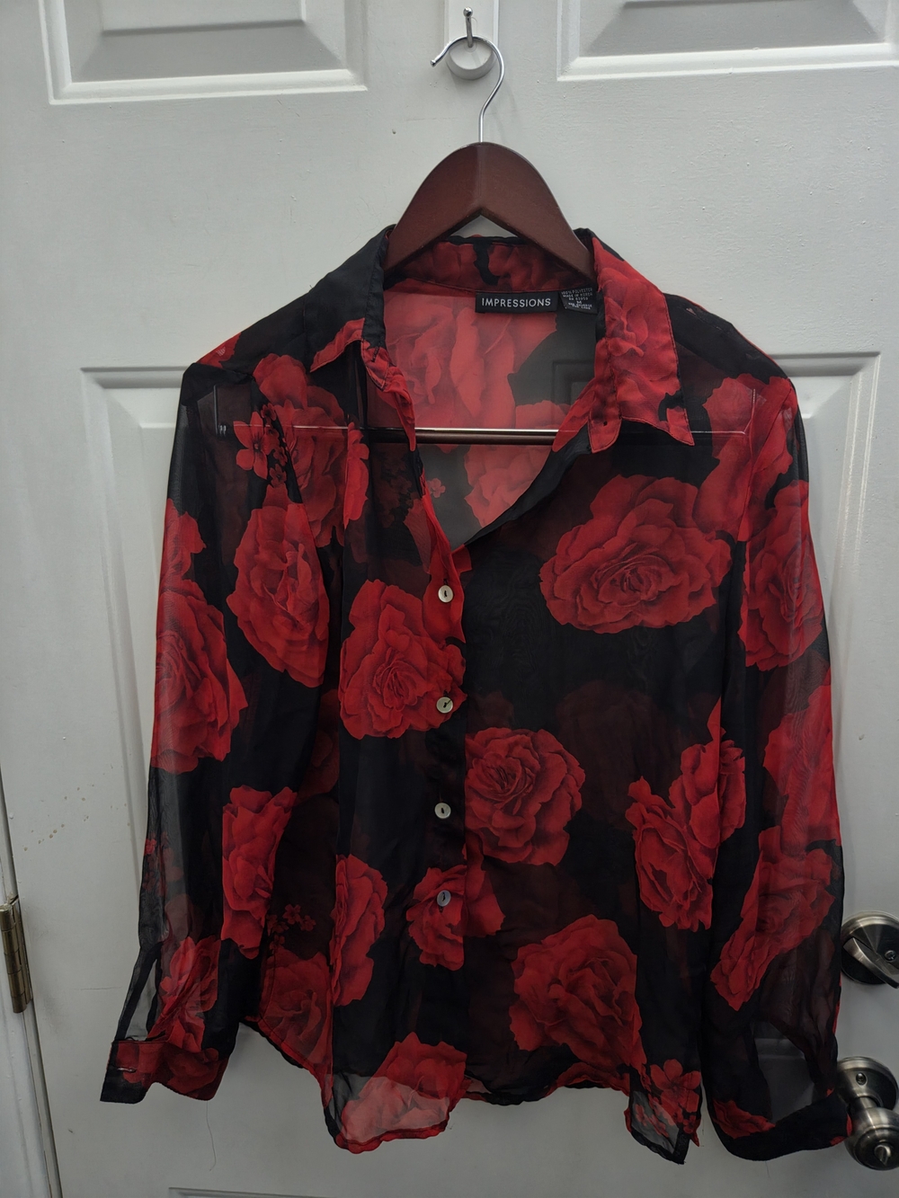 Impressions Red and Black Floral Sheer Button-Up Blouse